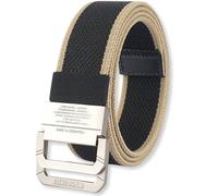 Dienbona Double D-Ring Adjustable Canvas Web Belt with Key Ring Strap, Durable Metal Buckle Multi-Color Striped Webbing Belts, Black Beige, Default