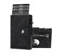 DIENQI Mens Smart Wallet Card Holder for AirTag: PU Leather, Compatible with Apple Air Tag, RFID Blocking, Slim, Carbon Fiber, Minimalist, Trifold - 10 Cards Capacity | ID Window | Coin Pocket, Black