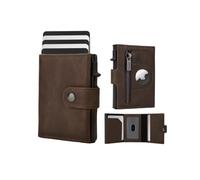 DIENQI Mens Smart Wallet Card Holder for AirTag: PU Leather, Compatible with Apple Air Tag, RFID Blocking, Slim, Carbon Fiber, Minimalist, Trifold - 10 Cards Capacity | ID Window | Coin Pocket, Coffee