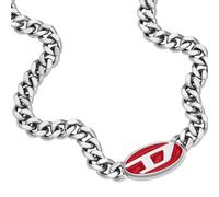 Diesel Men's Red Enamel Logo Pendant Chunky Curb Chain Stainless Steel Necklace