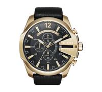 Diesel DZ4344 Gold Plated Mega Chief Chronograph Black Leather Strap Watch