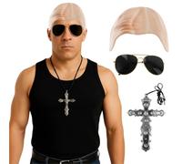 Diesel Man Racing Movie Character Fancy Dress Costume for Adults - Black Tank Top, Bald Cap, Aviator Sunglasses & Tattoo Sleeve - Halloween Outfit