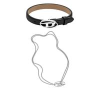 Diesel Men's Leather Stackables Black Bracelet and Silver-Tone Stainless Steel Necklace, Set
