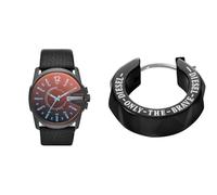 Diesel Men's Master Chief Black Leather Watch and Stainless Steel Earrings, Set