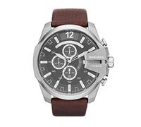 Diesel Watch for Men Mega Chief, Chronograph Movement, 59 mm Silver / Steel Stainless Steel Case with a Leather Strap, DZ4290