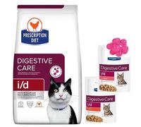 Diet i/d Digestive Care Dry Cat Food, Chicken Flavour 1.5kg, Highly Digestible Formula to Support Healthy Digestion, 2 x 85g Wet Cat Food Pouches & Cat Toy Bundle