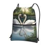 DIEzig Beautiful White Swans on The Lake Print Adjustable Strap Backpack, Collapsible Drawstring Bag with Zipper for Weekend Adventure