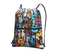 DIEzig Color Acoustic and Guitars Print Adjustable Strap Backpack, Collapsible Drawstring Bag with Zipper for Weekend Adventure