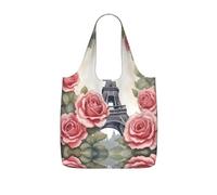 DIEzig Eiffel Tower Rose Flower Printed Foldable Tote Bag for Shopping, Reusable Grocery Bag, Lightweight Compact Travel Bag