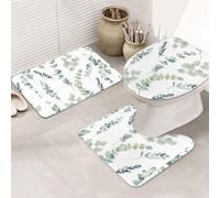 DIEzig Eucalyptus Leaves Printing Bathroom Rugs Set, Flannel Non Slip Rug Set For Bathroom Guest Suite, Includes Three Shapes