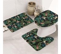DIEzig Palm Leaf Floral Printing Bathroom Rugs Set, Flannel Non Slip Rug Set For Bathroom Guest Suite, Includes Three Shapes