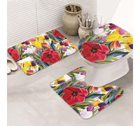 DIEzig Tulip Garden Printing Bathroom Rugs Set, Flannel Non Slip Rug Set For Bathroom Guest Suite, Includes Three Shapes