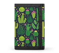 Different Cactus Cacti Pink Flowers Seamless On Black Trifold Wallet, Stylish Purse with Keychain, Credit Pass Case Card-Holder for Crash Bills Receipts Women Men 5 x 3.3 x 0.2 Inch