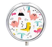 Different Childish Dinosaurs in The Jungle on Checker Plaid Custom Round Pill Case, Portable Small Pill Case, Durable Pill Box, Button Closure Pill Holder for Man Woman Travel Storage
