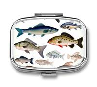 Different Fish Pill Box 2 Compartments Portable Travel Pill Case Mini Medicine Organizer for Pocket Purse Metal Waterproof Medicine Container Holder Vitamin Fish Oil