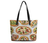 Different Pizzas Tote Bag Large Soft Leather Purse with Zipper Lightweight Ladies Shoulder Handbag