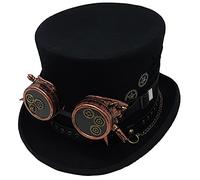 Different Touch 100% Wool Felt Victorian Mad Hatter Steampunk 6" Tall Magic Top Hats, Black W/Steampunk Goggles, XL