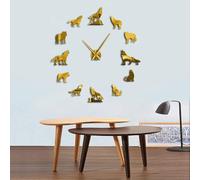 Different Wolf Pose DIY Wall Clock Modern Howling Wolf Frameless Wall Watch Wildlife Animal Giant 3D Mirror Wall Sticker(Gold,47inch)