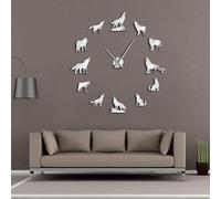 Different Wolf Pose DIY Wall Clock Modern Howling Wolf Frameless Wall Watch Wildlife Animal Giant 3D Mirror Wall Sticker(Silver,27inch)
