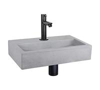 Differnz Flat Sink Set 38 x 24 x 7 cm - Concrete Sink Light Grey with Tap - Straight Cold Water Tap Matte Black - with Siphon & Drain - Guest Toilet Sink - Rectangular