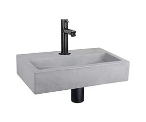 Differnz Flat Sink Set 38 x 24 x 7 cm - Concrete Sink Light Grey with Tap - Straight Cold Water Tap Matte Black - with Siphon & Drain - Guest Toilet Sink - Rectangular