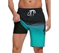 difficort Mens Swim Trunks Quick Dry Bathing Suit 9 inch Inseam Board Shorts with Compression Liner and Zipper Pocket, Black Green Gradient, L
