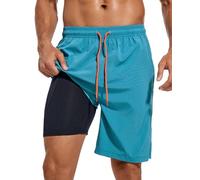 difficort Mens Swim Trunks Quick Dry Bathing Suit 9 inch Inseam Board Shorts with Compression Liner and Zipper Pocket, Peacock Blue, L