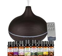 Diffusers 500ML with 8 Essential Oils Set - Essential Oil Diffuser with Remote Control - Aromatherapy Oil Diffusers With 7 LED Lights - Dark Wood Grain Ultrasonic Cool Mist - For Home Bedroom Office