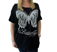 Diffusion Ladies Cold Shoulder Butterfly Top T Shirt Oversized Sleeveless Top One Size Black