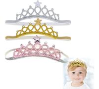 DIFLAX 3 Pieces Baby Hair Band, Princess Crown Headband, Newborn Baby Girl Accessories for Birthday, Party, Soft, Cotton, Elastic, Cute (Gold, Silver, Pink)