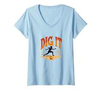 Dig It: Retro Volleyball Enthusiast Motivational Slogan V-Neck T-Shirt, Women, Baby Blue, S