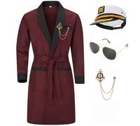 Digfar Men Silk Robe Red Jacket Hugh Costume With Belt Brooch Captain Sailor Hat Toy Glasses Set Halloween Hefne Costume Men, Red, L/XL