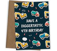 Digger 4th Birthday Card for Boys, Construction Vehicle Greeting Card Age 4, Funny Excavator 4th Birthday Cards for Son Grandson Nephew