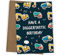 Digger Birthday Card for Boys, Kids Construction Vehicle Bday Greeting Cards, Funny Excavator Birthday Card for Son Grandson Nephew
