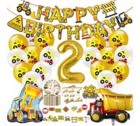 Digger Decoration Children's Birthday 2, Digger Construction Site Party Tableware Children's Birthday 2, Birthday Decoration Set for Boys with Happy Birthday Banner, Cake Decoration, Balloons, Paper