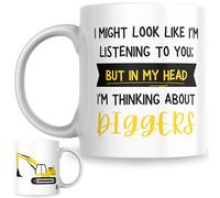 Digger Gift Mug | “I Might Look Like I’m Listening But I’m Thinking About Diggers” | Funny Excavator Gift for Builders, Plant Operators & Groundworkers (Yellow/Black)
