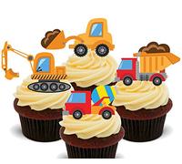 Diggers and Trucks, Kids' Construction Vehicles Mix, Edible Cupcake Toppers - Stand-up Wafer Cake Decorations (Pack of 24)