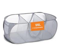 Diggoour Durable Collapsible Laundry Baskets, 3 Compartment Pop Up Laundry Hamper with Handy Pocket, Foldable Clothes Hamper Reinforced Carry Handles for Laundry, Bathroom, Apartment or Travel Grey