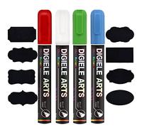 DIGIELE Chalk Marker Pens Set - Red, Green, Blue + White, 6mm Liquid Pen Markers, Dry or Wet Wipe Erase, Reversible Bullet or Chisel Tip for Blackboard, Whiteboard, Window & Glass, 4 Pens & 16 Labels
