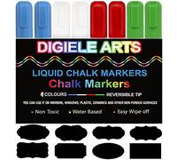 DIGIELE Liquid Chalk Marker Pens, 4 Colours Chalk Markers - Red, Green, Blue and White, 6mm Dry or Wet Wipe Erase, Thin & Medium Reversible Bullet or Chisel Tip, 8 Pens + 16 Chalkboard Labels Packed