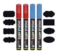 DIGIELE Liquid Chalk Marker Pens Red + Blue, 2pcs Red Chalk Pens + 2pcs Blue Markers, 3mm Dry or Wet Wipe Erase, Thin & Medium Reversible Bullet or Chisel Tip, 4pcs Pens & 16 Chalkboard Labels Packed