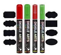 DIGIELE Liquid Chalk Marker Pens Red + Green, 2pcs 3mm Chalk Pens + 2pcs 6mm Chalk Markers, Dry or Wet Wipe Erase Pen, Thin & Medium Reversible Bullet or Chisel Tip, 4 Pens+16 Chalkboard Labels Packed