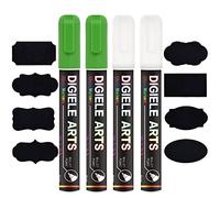 DIGIELE Liquid Chalk Marker Pens White + Green, 2pcs White Chalks + 2pcs Green Markers 6mm, Dry or Wet Wipe Erase, Thin & Medium Reversible Bullet or Chisel Tip, 4 Pens & 16 Chalkboard Labels Packed