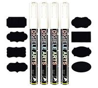 DIGIELE White Liquid Chalk Marker Pens, 3mm Chalk Pen Markers, Reversible Bullet or Chisel Tip, Dry or Wet Wipe Erase, Pack of 4 Pens + 16 Labels for Chalkboard, Blackboard, Window, Glass & Mirror