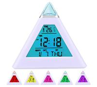 Digiflex 7 LED Pyramid Colour Changing Digital Alarm Clock | Compact - 10cm x 9cm Bedside Alarm Clock with Snooze Function, Day/Date and Temperature Display - Portable, Battery Powered