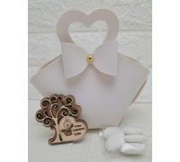 Digiglio Bomboniere First Holy Communion Leather Favour Bag with Heart, White, Decorative Bow, Tree of Life in Wood for First Communion Support, Personalised Party Favour