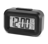 Digital Alarm Clock for Bedroom LED Display Clocks Small Travel Alarm Clock Bedside Clocks Portable Battery Powered Clock with 12/24H Display Snooze Function Calendar Day Temperature Display, Black