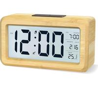 Digital Alarm Clock for Bedroom, Wooden Alarm Clocks Bedside (SOLID BAMBOO) | Battery Operated Digital Clock with Large LCD Backlit Display, Snooze, Brightness Sensor, 3 AAA Batteries Not Included