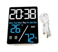 Digital Alarm Clock Showcasing Day of the Week, Indoor Temperature/Humidity Alongside Customizable Brightness Settings (/ Blue+White)