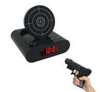 Digital Alarm Clock with Gun & Target - Fun Interactive Wake Up, Record Your Own Alarm Voice, 1 or 5 Hits to Stop, Compact 5.4" Size for Nightstand Desk,Unique Gadget Gift for Heavy Sleeper (Black)
